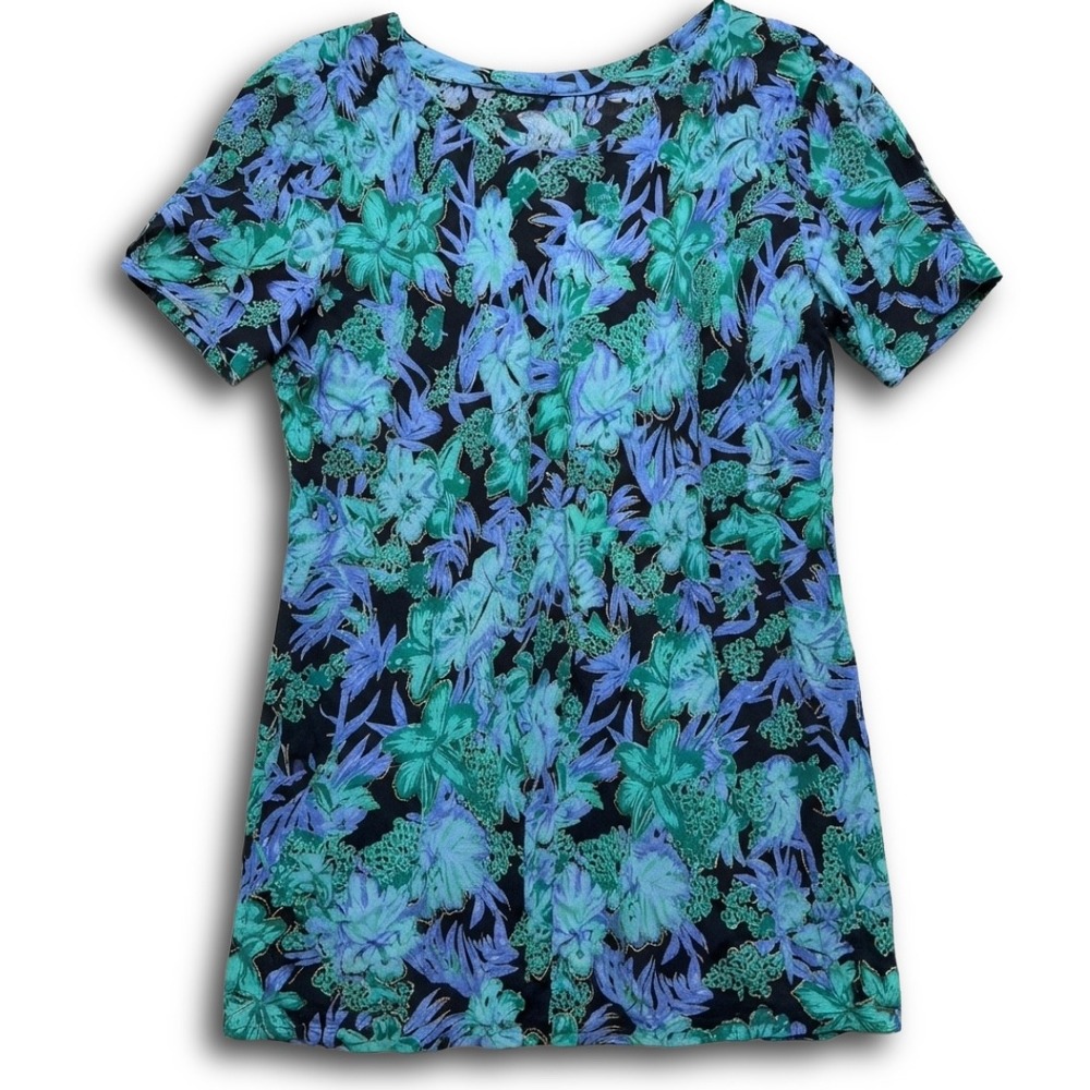 Vintage Floral Tunic Top Blue Green Metallic Gold Short Sleeve Small